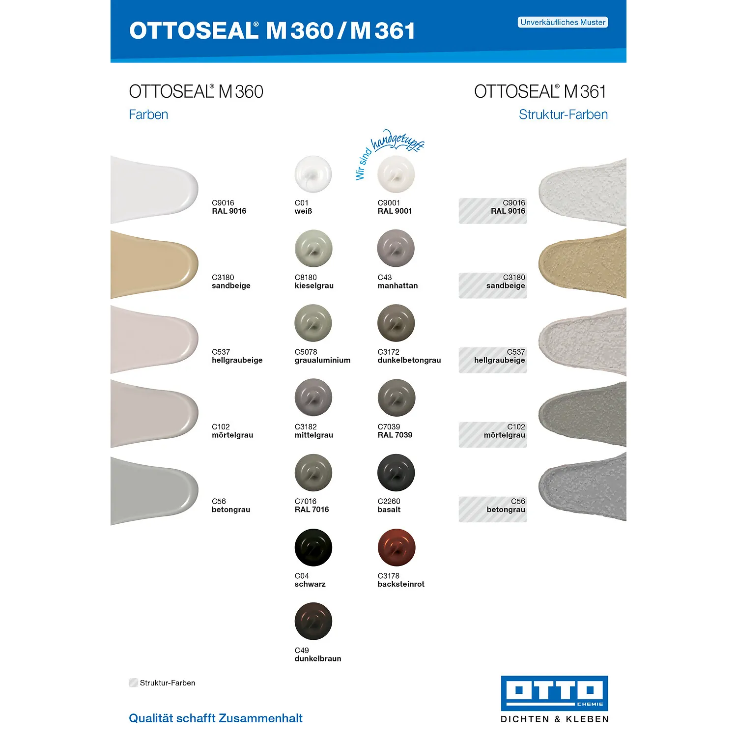 Ottoseal M360 M361 Verarbeiter-Farbtafel, Farbübersicht für Hybrid-Dichtstoffe