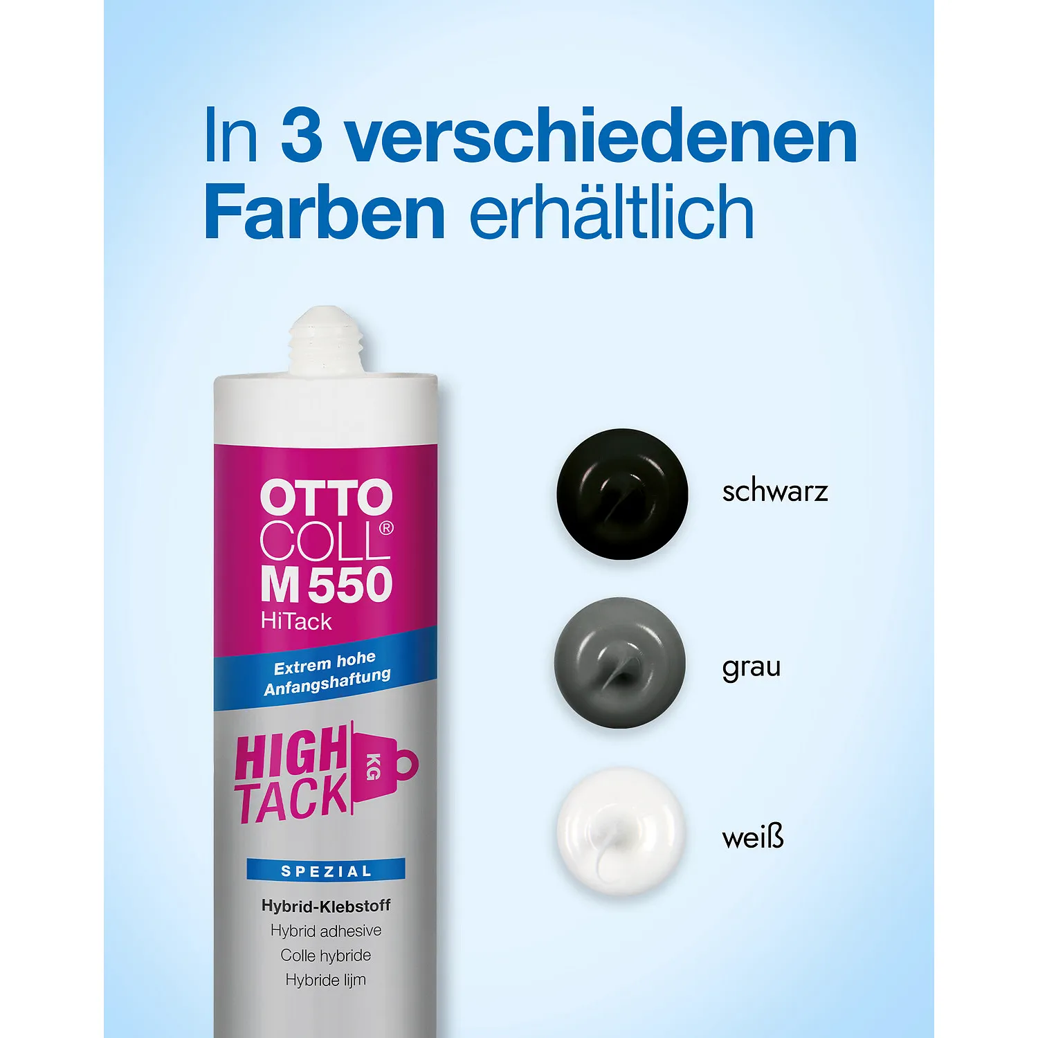 Ottocoll M550 HiTack Klebstoff Farbkarte mit verfügbaren Farbtönen grau, schwarz und weiß