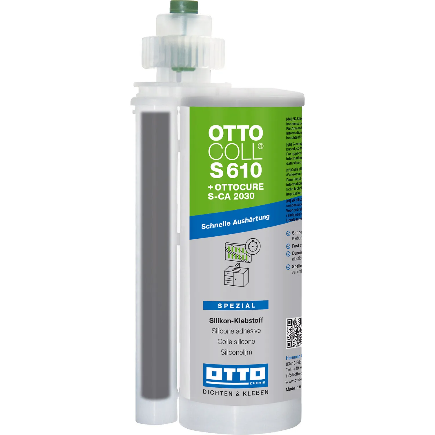 Ottocoll S610 2K Silikon Klebstoff 490ml Doppelkartusche, Zweikomponenten-Kleber für Glas und Metall