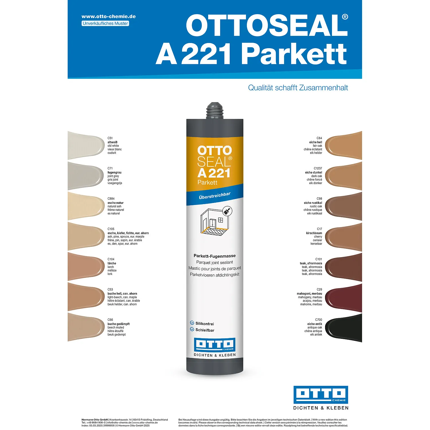 Ottoseal A221 Parkett Farbtafel, Farbübersicht für Parkett-Fugendichtstoff