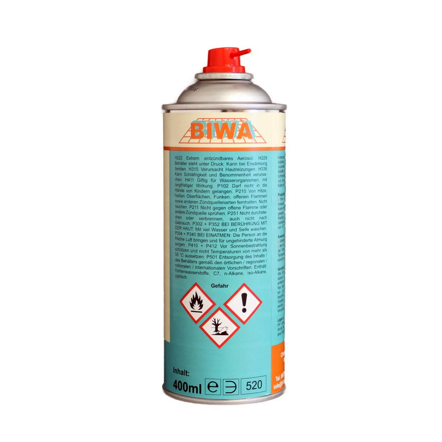 Kettenspray 400ml Schmiermittel Birtel KG, Seitenansicht der Dose mit Sprühfett und Gleitspray farblos
