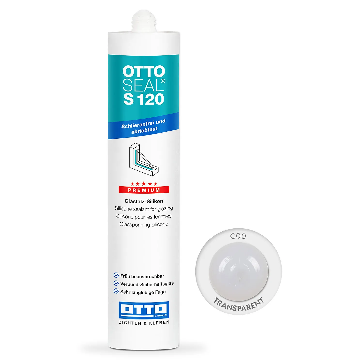Ottoseal S120 Fenstersilikon transparent 310ml, glasklarer Silikondichtstoff für Fensterfugen und Glasfalz