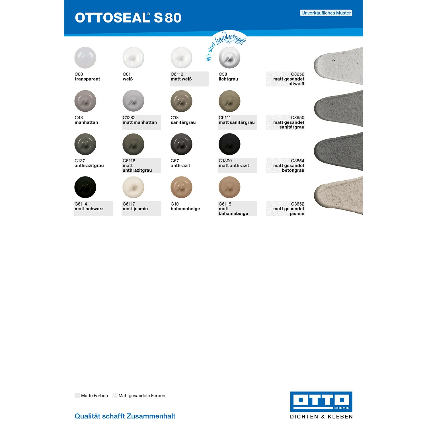 Ottoseal S80 Natursteinsilikon Verarbeiter-Farbtafel, Farbübersicht für Natursteinfugen-Dichtstoff