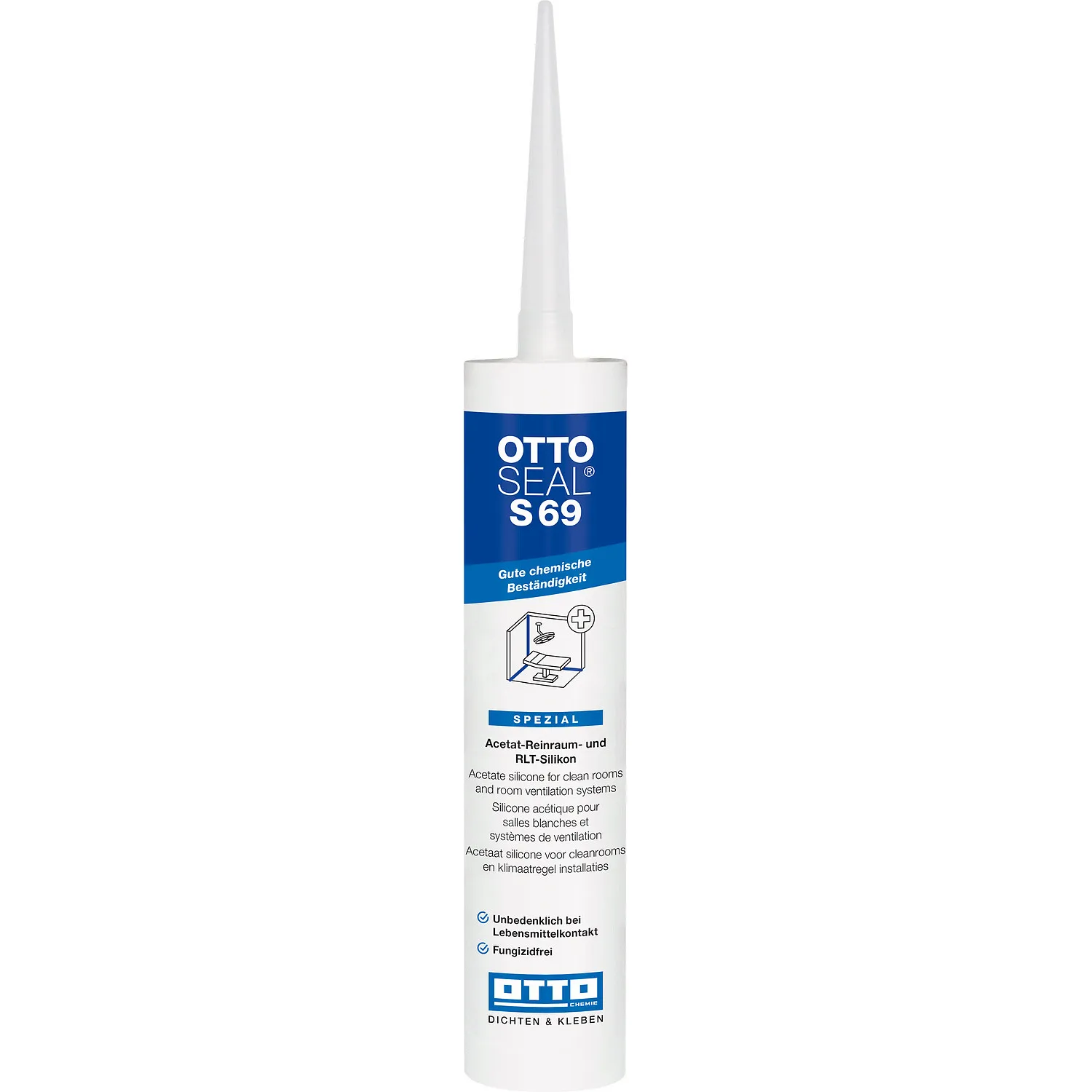 Ottoseal S69 Reinraum Silikon Kartusche 310ml mit aufgesetzter Dosierdüse, einsatzbereit für Reinraumfugen