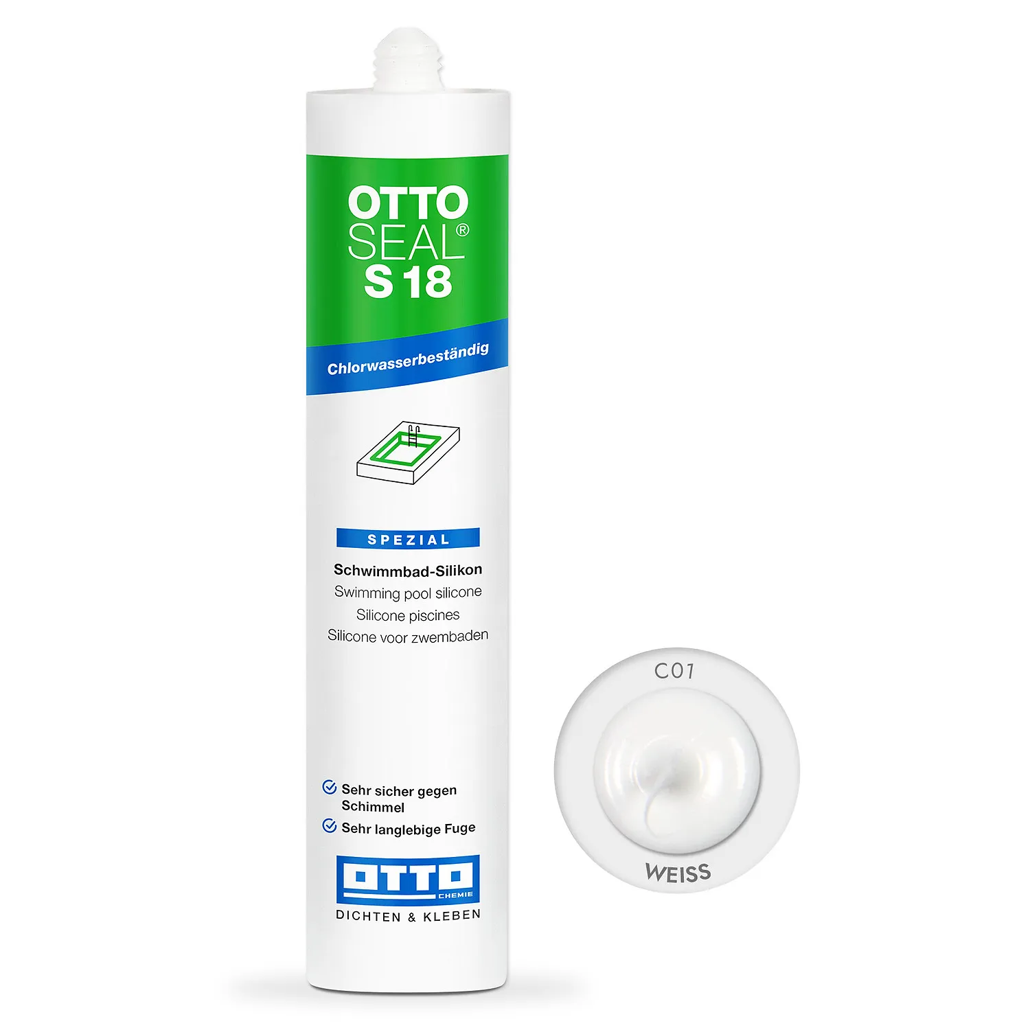 Ottoseal S18 Schwimmbadsilikon weiß 310ml, chlorbeständiger Fugendichtstoff für Schwimmbecken und Poolrand