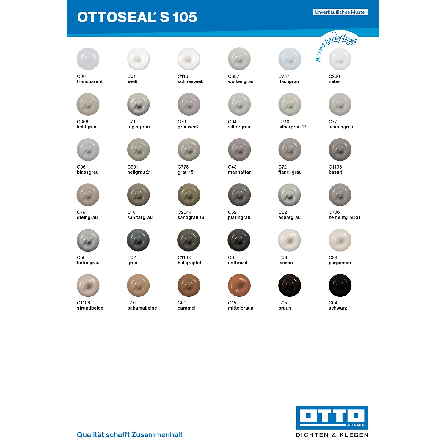 Ottoseal S105 Sanitärsilikon Verarbeiter-Farbtafel, Farbübersicht für Fugendichtstoff im Sanitärbereich