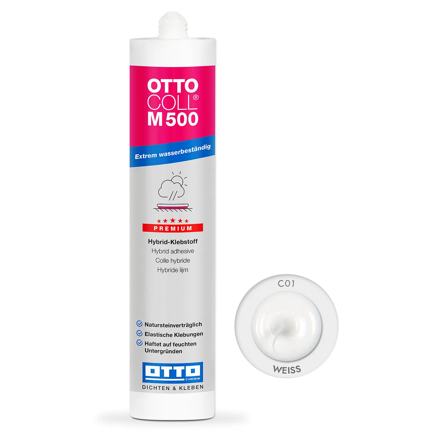 Ottocoll M500 Hybrid Klebstoff weiß 310ml Kartusche, hochelastischer Universalkleber für Bau und Handwerk