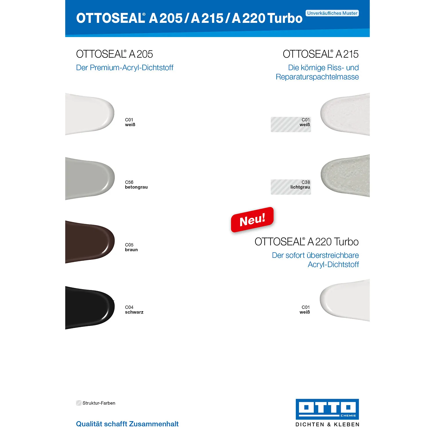 Ottoseal A205 A215 A220 Turbo Verarbeiter-Farbtafel, Farbübersicht für Maleracryl-Dichtstoffe