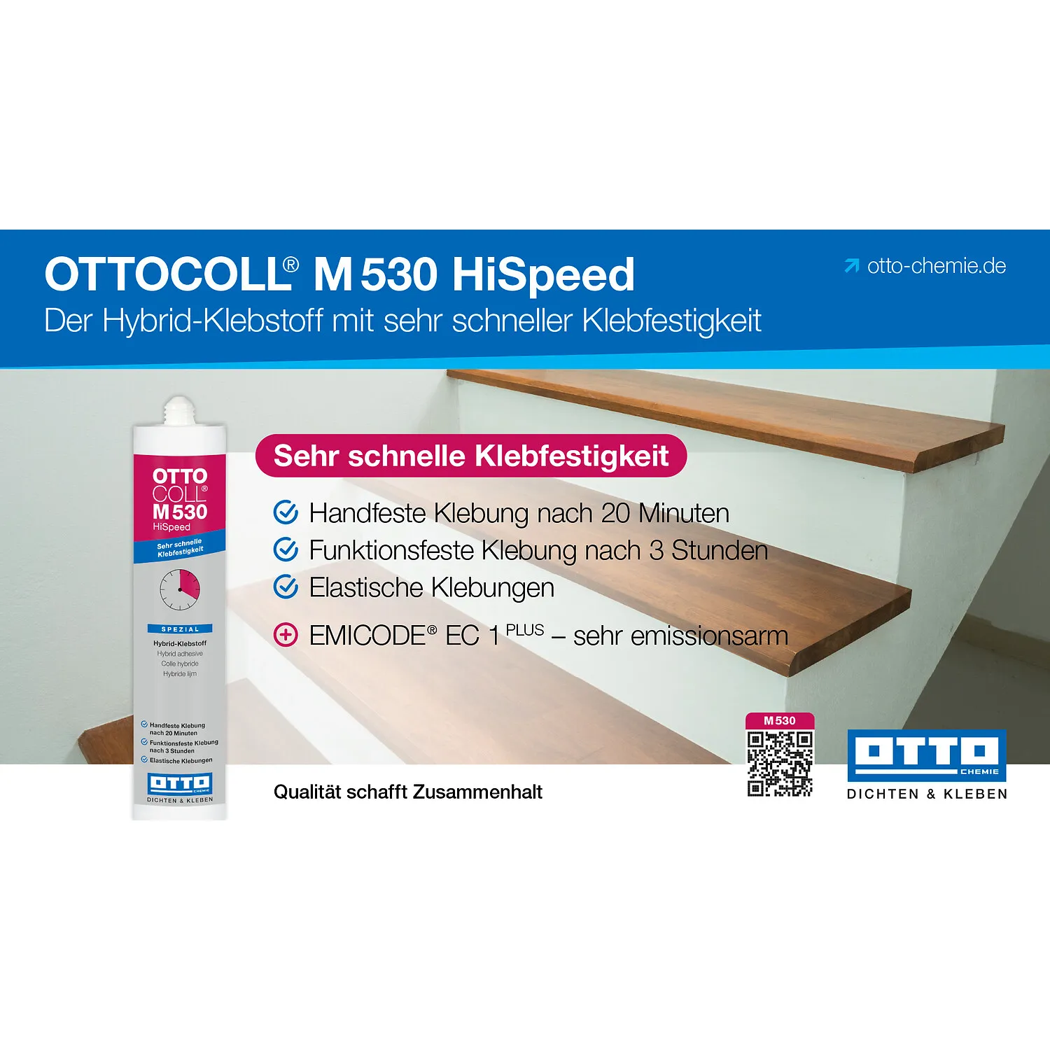 Ottocoll M530 HiSpeed Hybrid Klebstoff Produktbanner mit Produkt- und Anwendungshinweisen