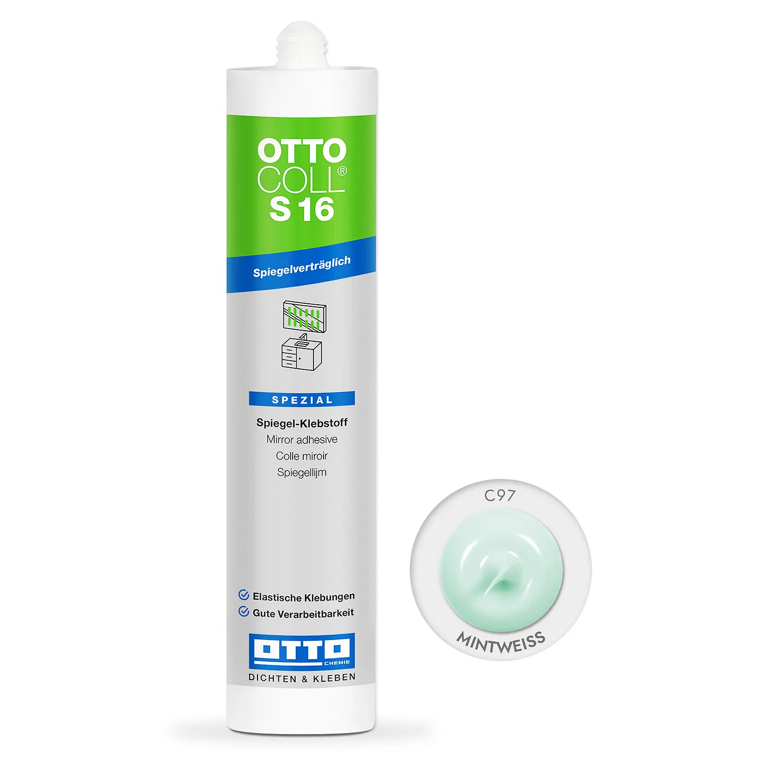 Ottocoll S16 Spiegelkleber mintweiß 310ml Kartusche, Silikon-Klebstoff für die Spiegelmontage
