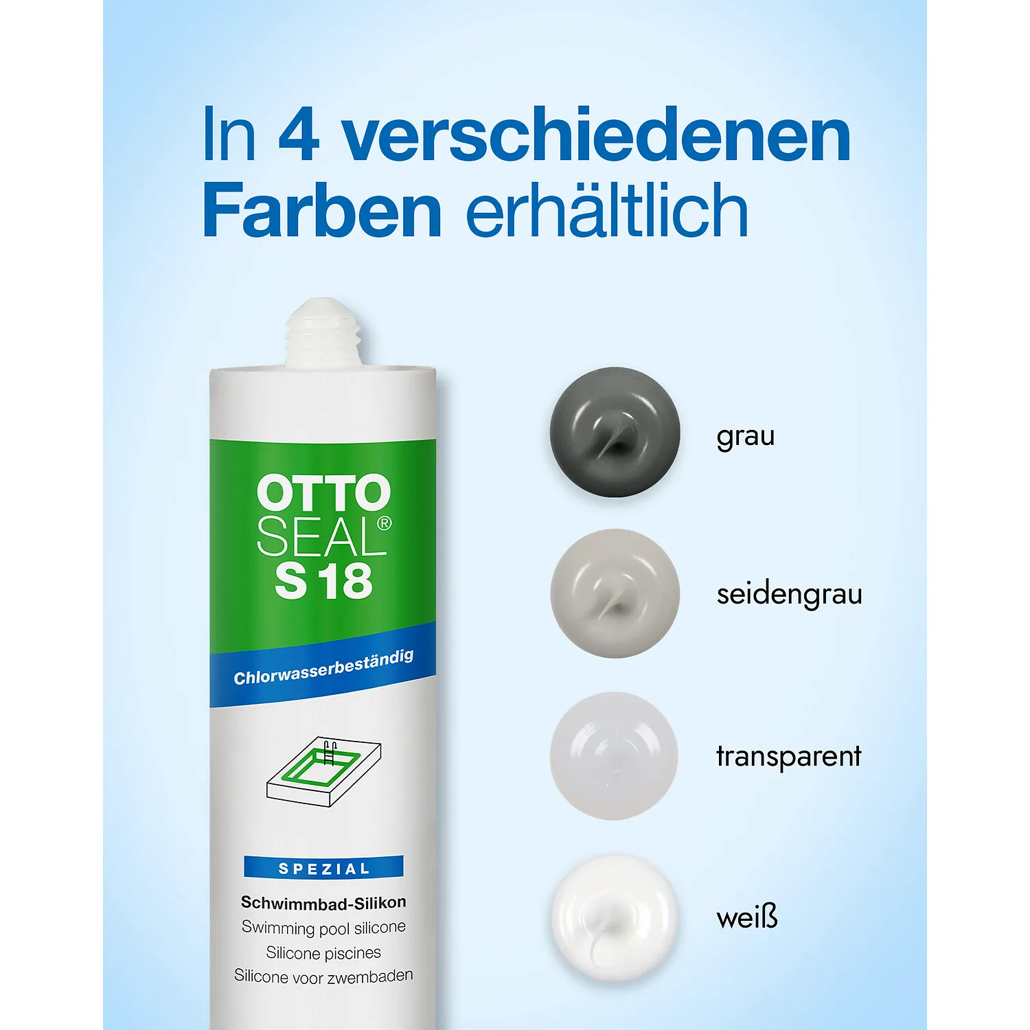 Ottoseal S18 Schwimmbadsilikon Farbkarte mit allen verfügbaren Farbtönen für Schwimmbadfugen