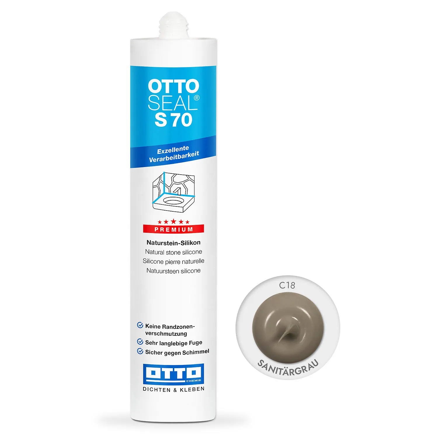 Ottoseal S70 Naturstein Silikon sanitärgrau 310ml, farbtonabgestimmter Fugendichtstoff für Naturstein und Fliesen