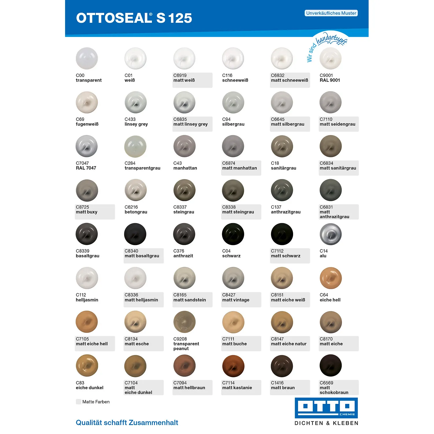 Ottoseal S125 Boden- und Sanitärsilikon Farbtafel mit allen verfügbaren Farbtönen für Bodenfugen