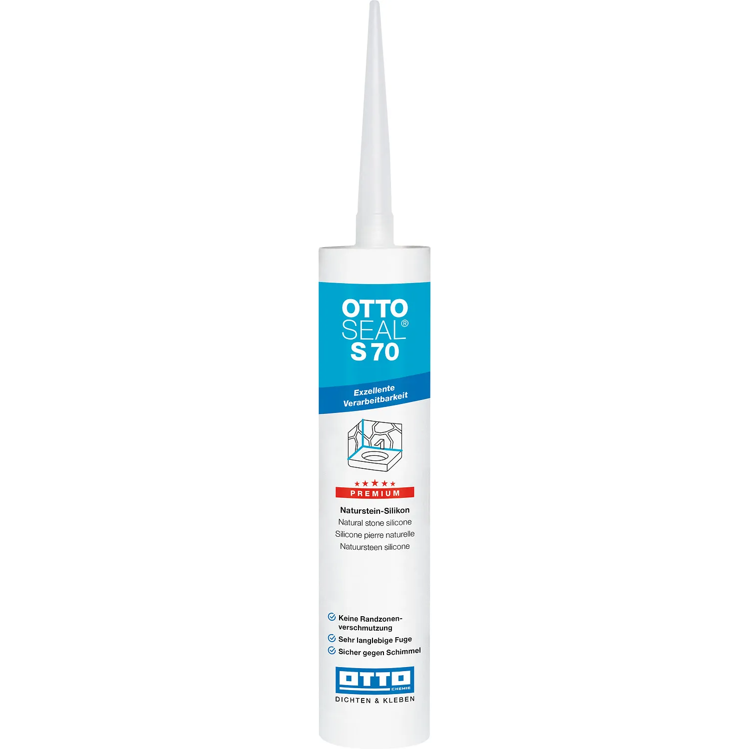 Ottoseal S70 Naturstein Silikon Kartusche 310ml mit aufgesetzter Dosierdüse, einsatzbereit für Natursteinfugen
