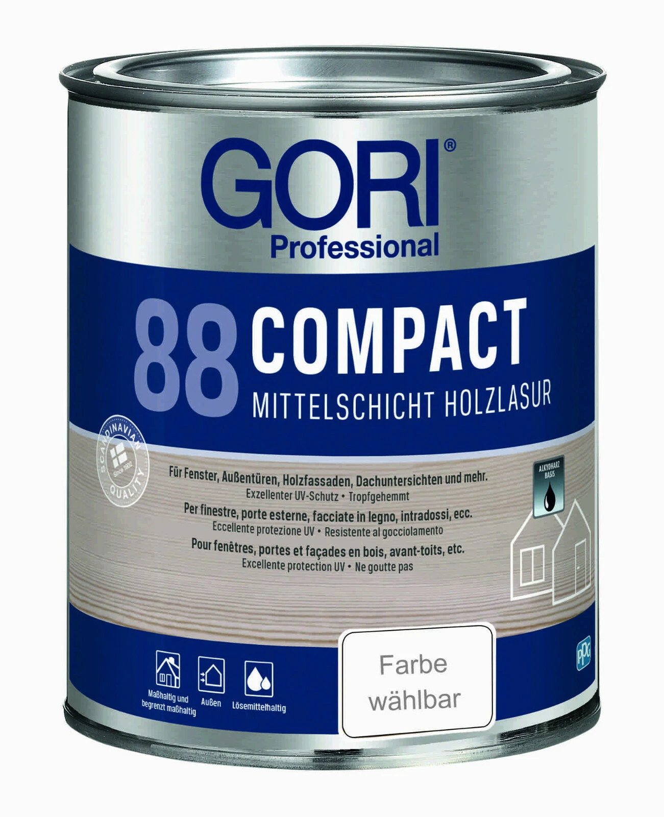 GORI 88 Compact Holzlasur Gel 0,75L, Nahaufnahme der Verpackung für Holzschutz im Außenbereich