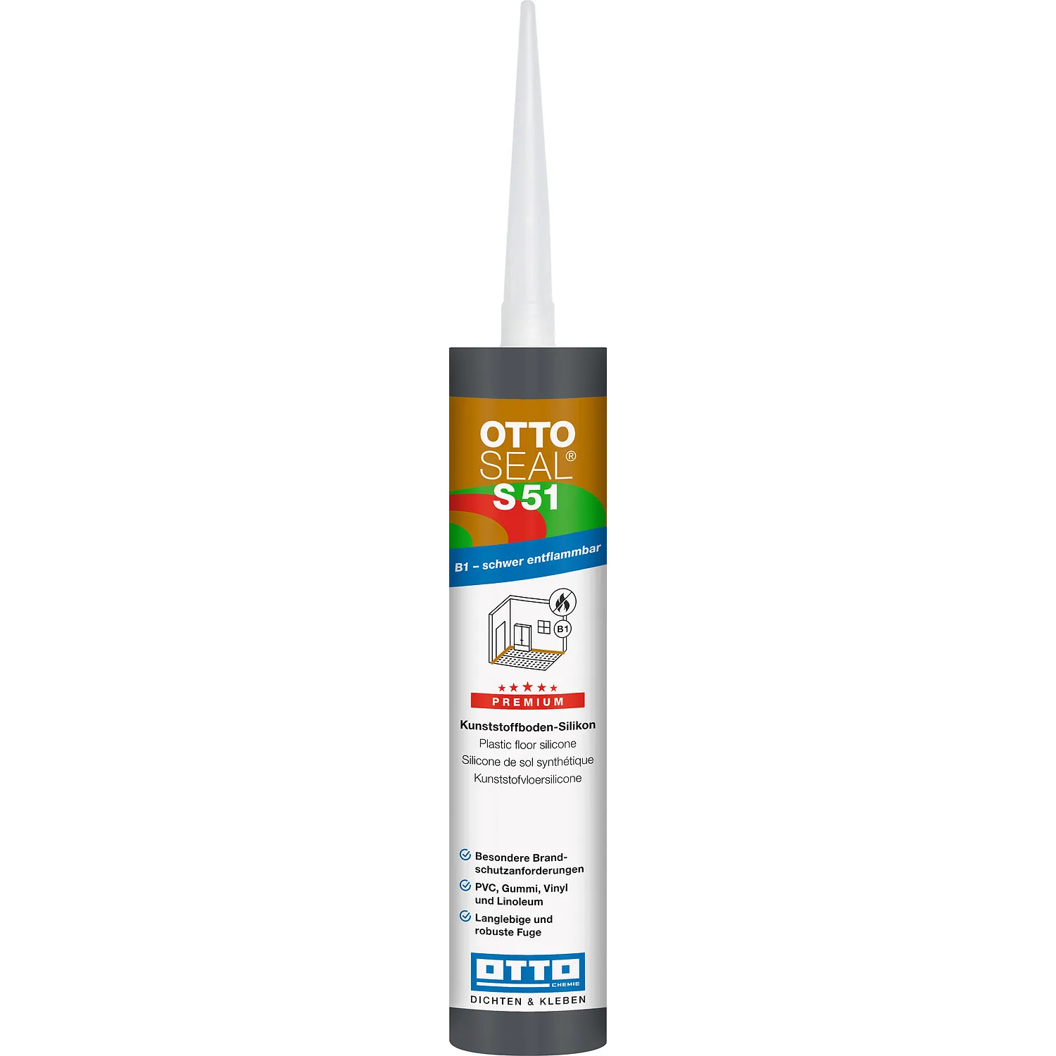 Ottoseal S51 Kunststoffboden Silikon Kartusche mit Düse 310ml, einsatzbereit für Bodenfugen