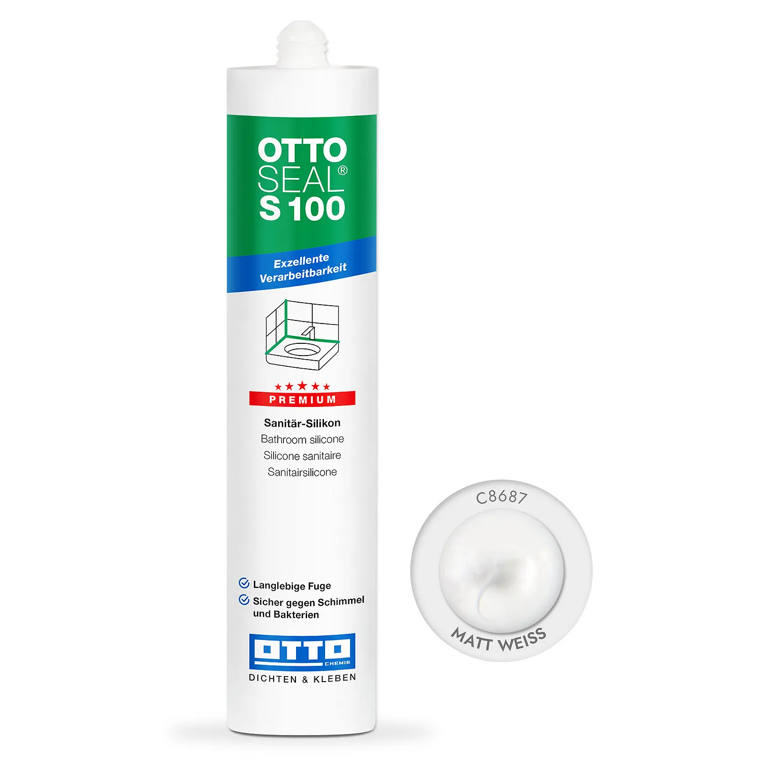 Ottoseal S100 Premium Sanitärsilikon matt weiß 300ml, elastische Fuge für Bad und Sanitärbereich
