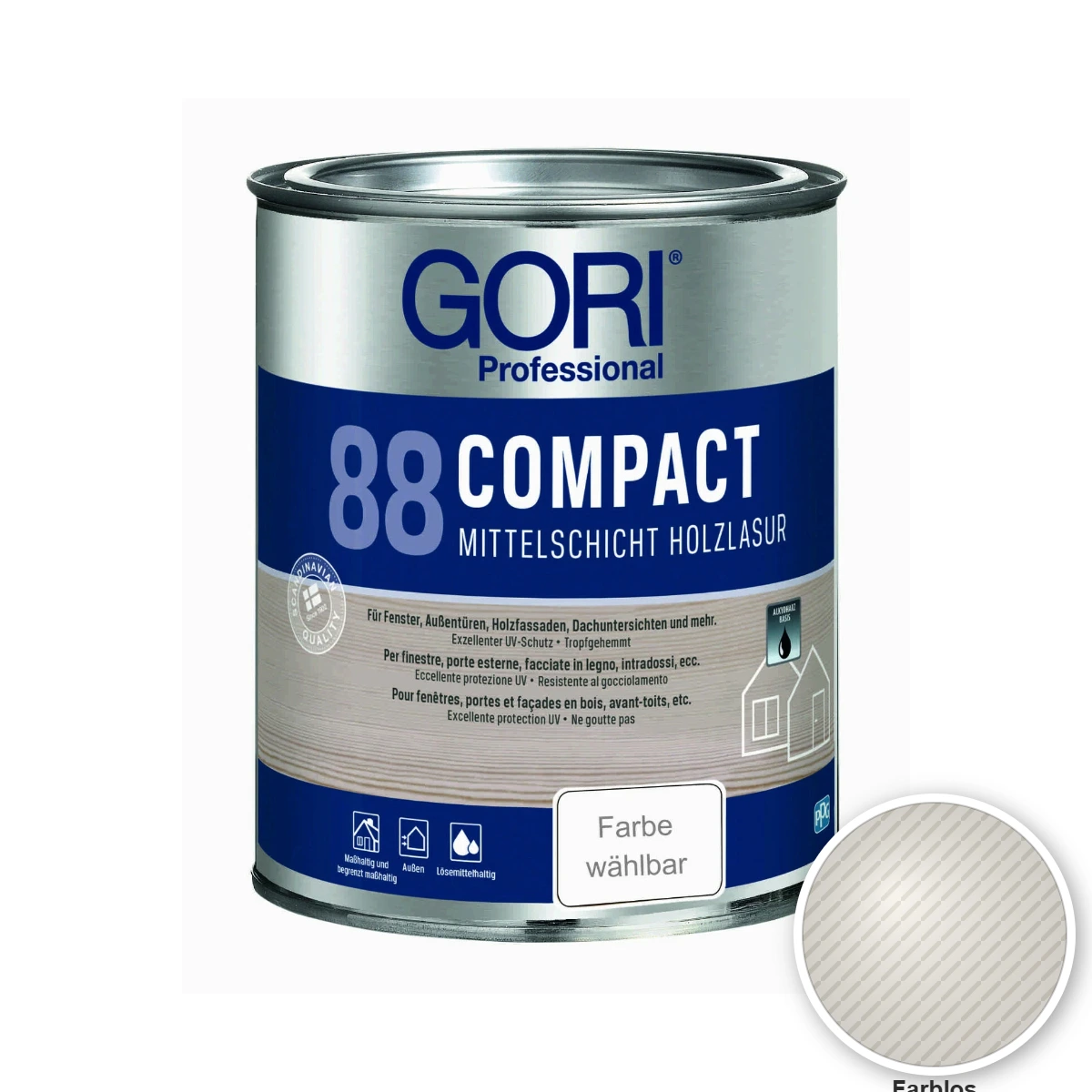 GORI 88 Compact Holzlasur Gel Farblos 0,75L, Verpackung für Holzschutz im Außenbereich