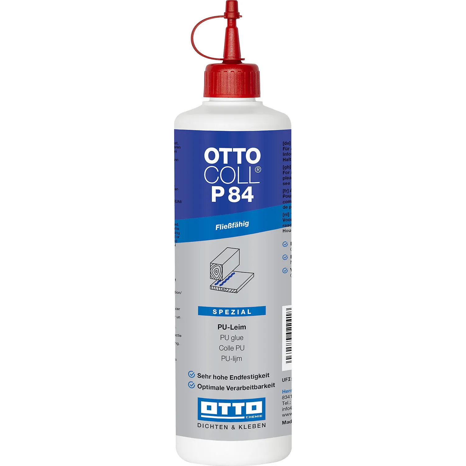 Ottocoll P84 PU Holzleim hellbeige 500ml Flasche, wasserfester Polyurethan-Leim für Holzverklebungen