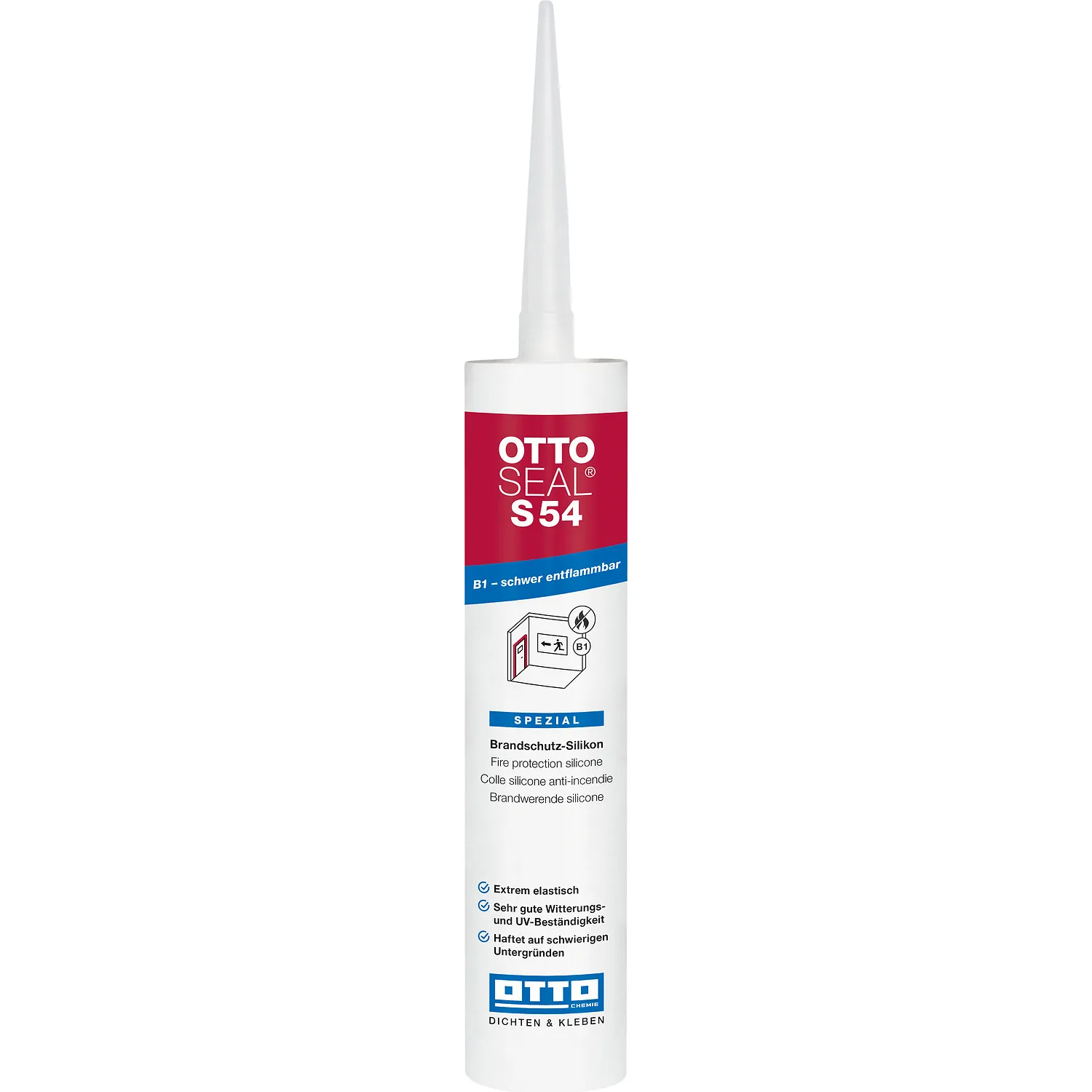 Ottoseal S54 Brandschutzsilikon Kartusche 310ml mit aufgesetzter Dosierdüse, einsatzbereit für Brandschutzfugen