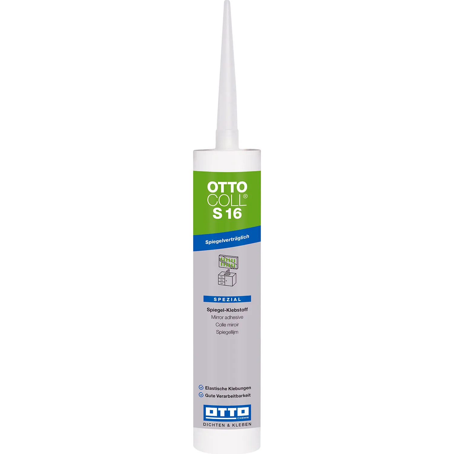 Ottocoll S16 Spiegelkleber 310ml Kartusche mit aufgesetzter Dosierdüse für die Spiegelverklebung