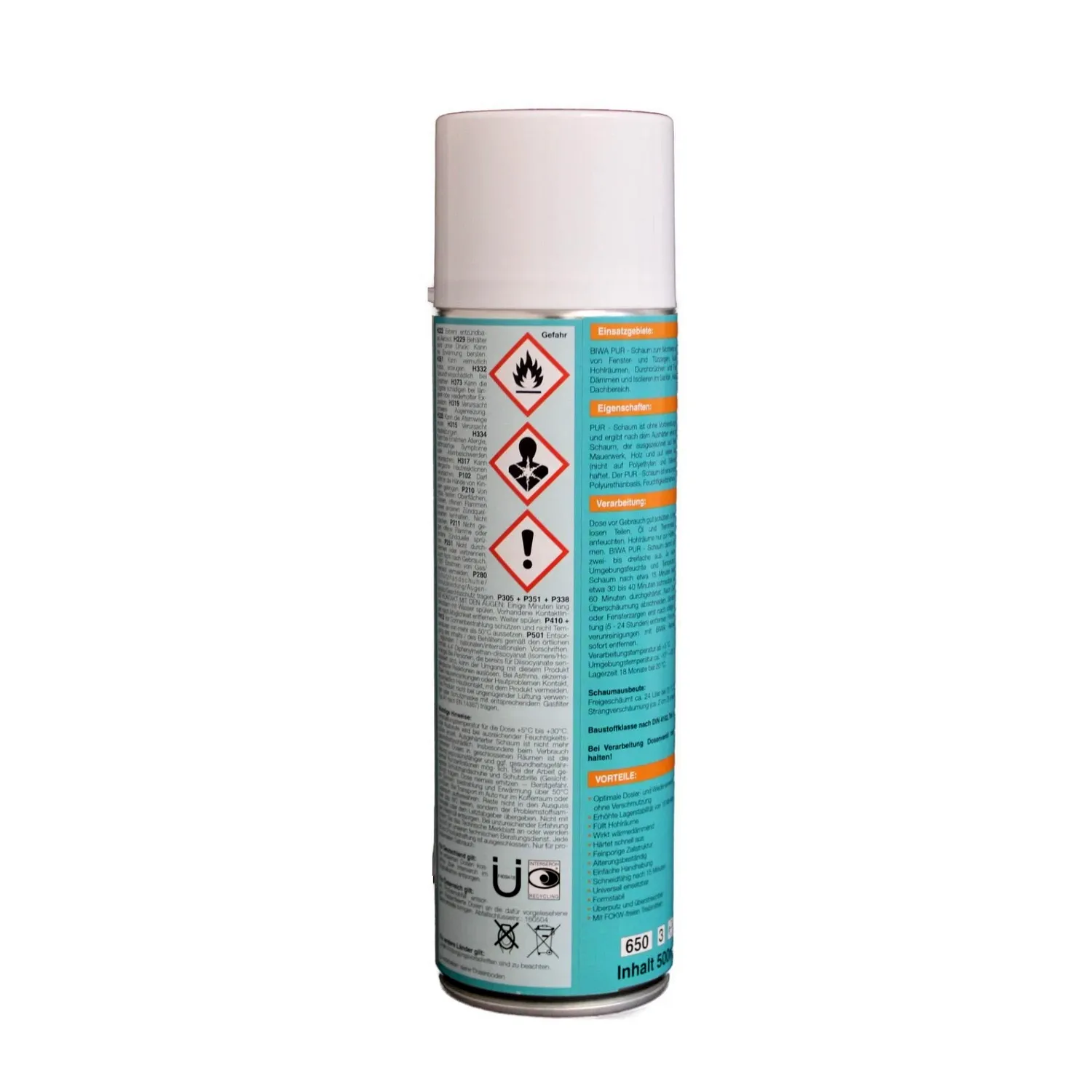 Montageschaum 500ml Füllschaum Rückansicht mit Produktinformationen, Birtel KG, für Fugen und Hohlraumfüllung