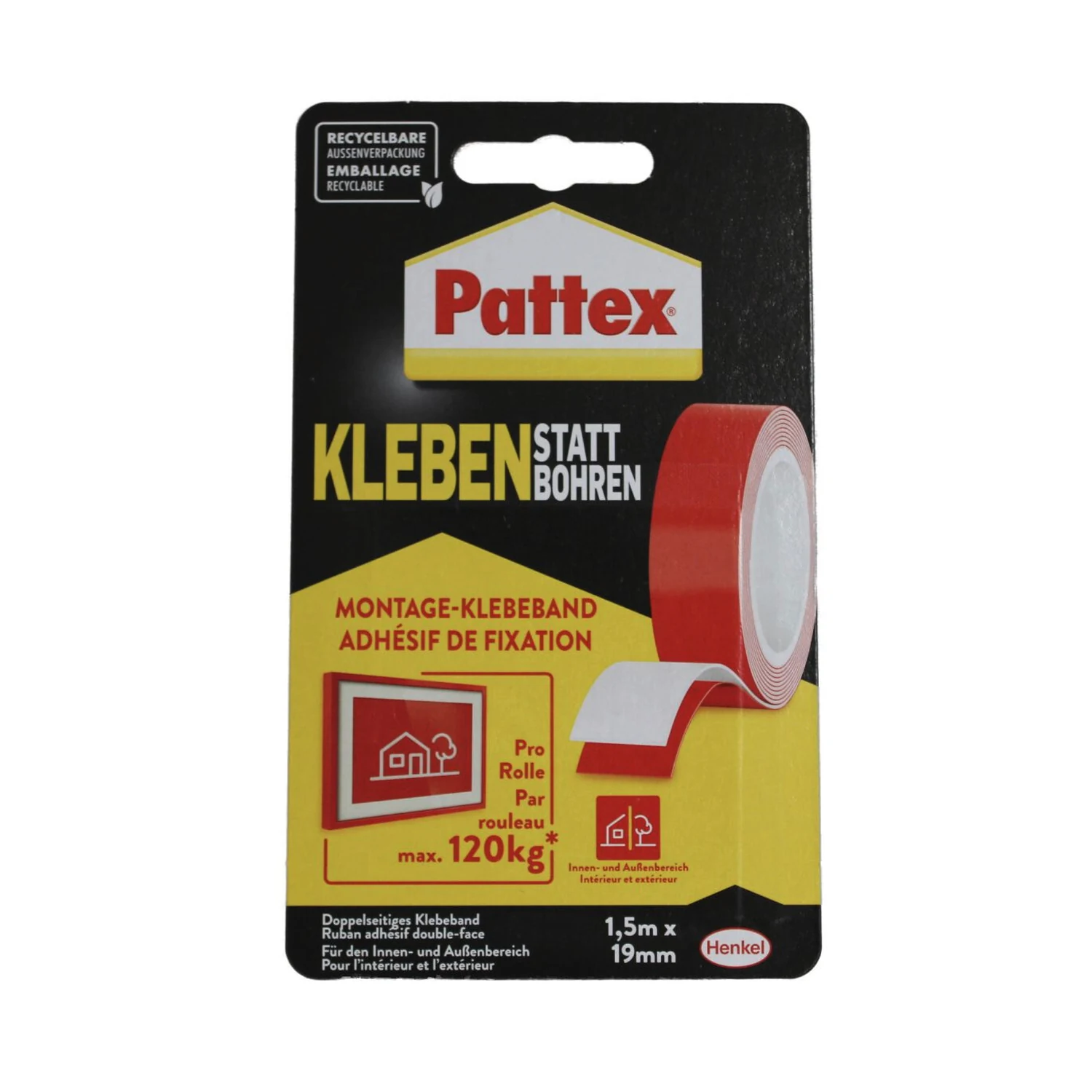 Pattex Montage-Klebeband ohne Bohren 19 mm x 1,5 m