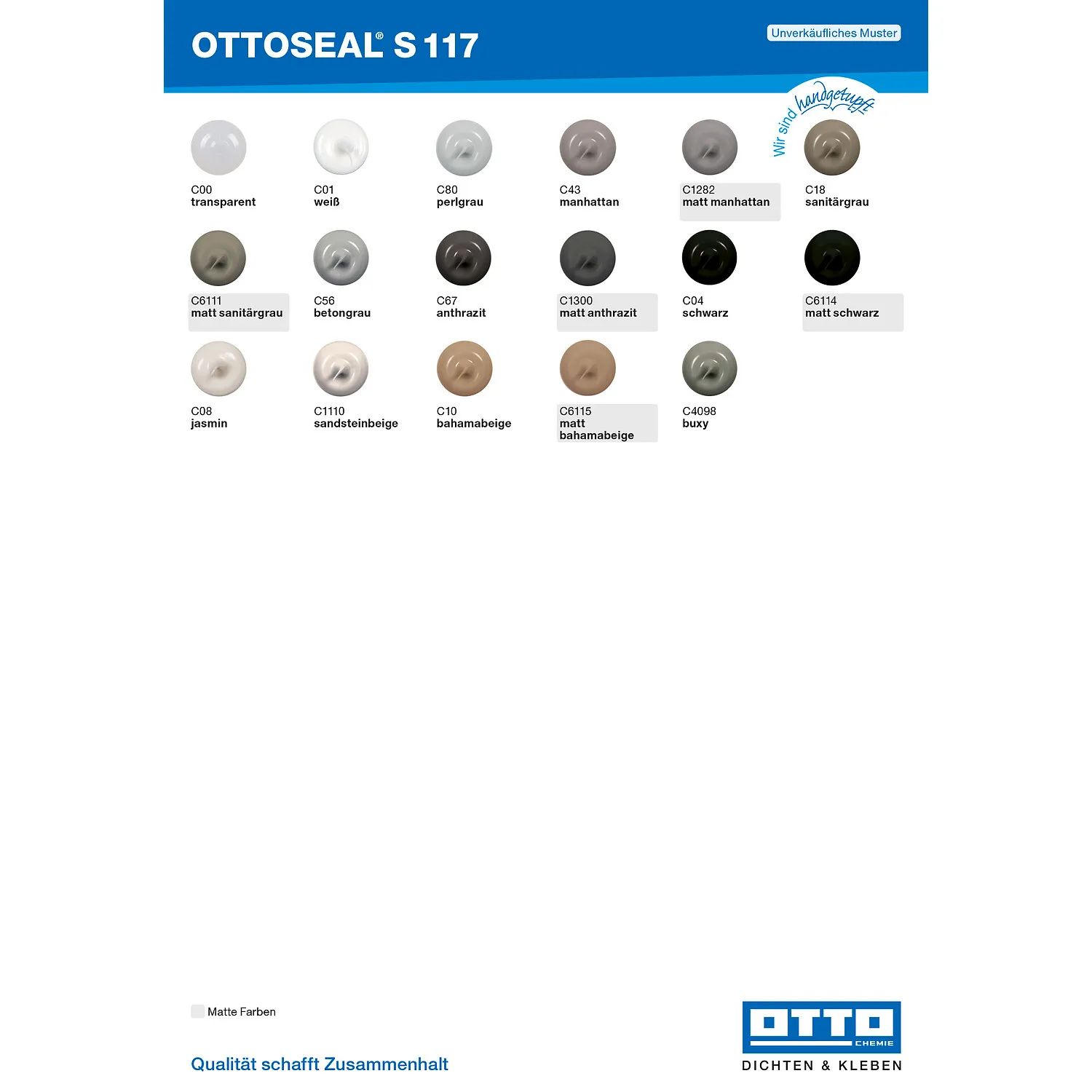 Ottoseal S117 Natursteinsilikon Farbtafel mit allen verfügbaren Farbtönen für Natursteinfugen