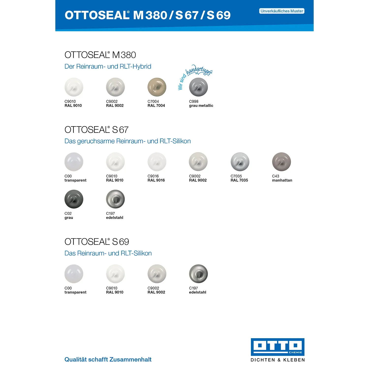 Ottoseal M380 S67 S69 Verarbeiter-Farbtafel, Farbübersicht für Reinraum-Dichtstoffe