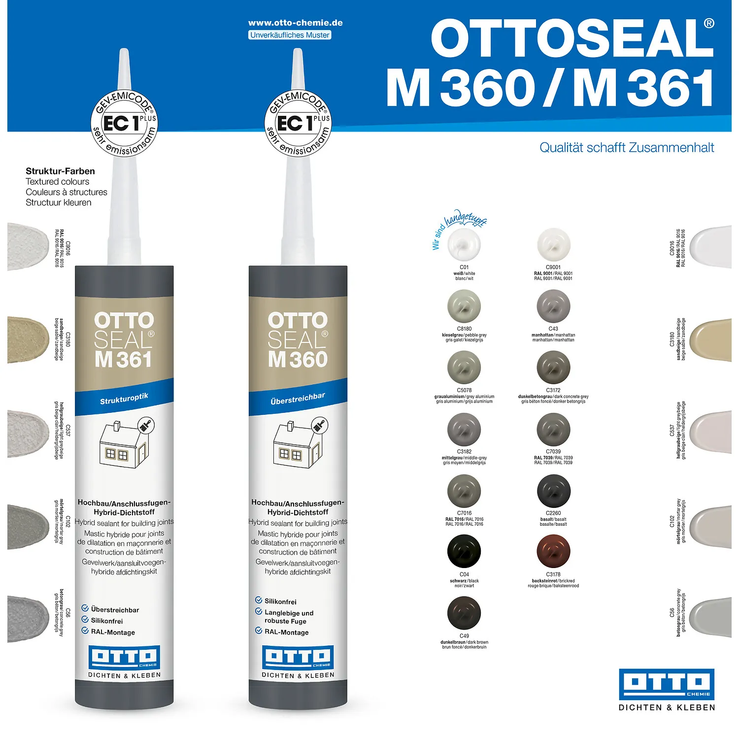 Ottoseal M360 M361 Verarbeiter-Farbtafel, Farbübersicht für Hybrid-Dichtstoffe