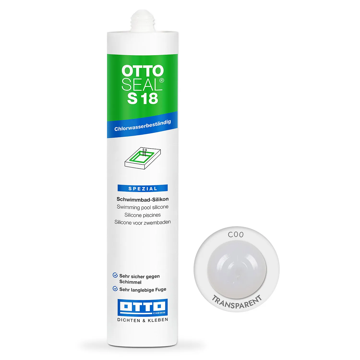 Ottoseal S18 Schwimmbadsilikon transparent 310ml, chlorbeständiger Fugendichtstoff für Schwimmbecken und Poolrand