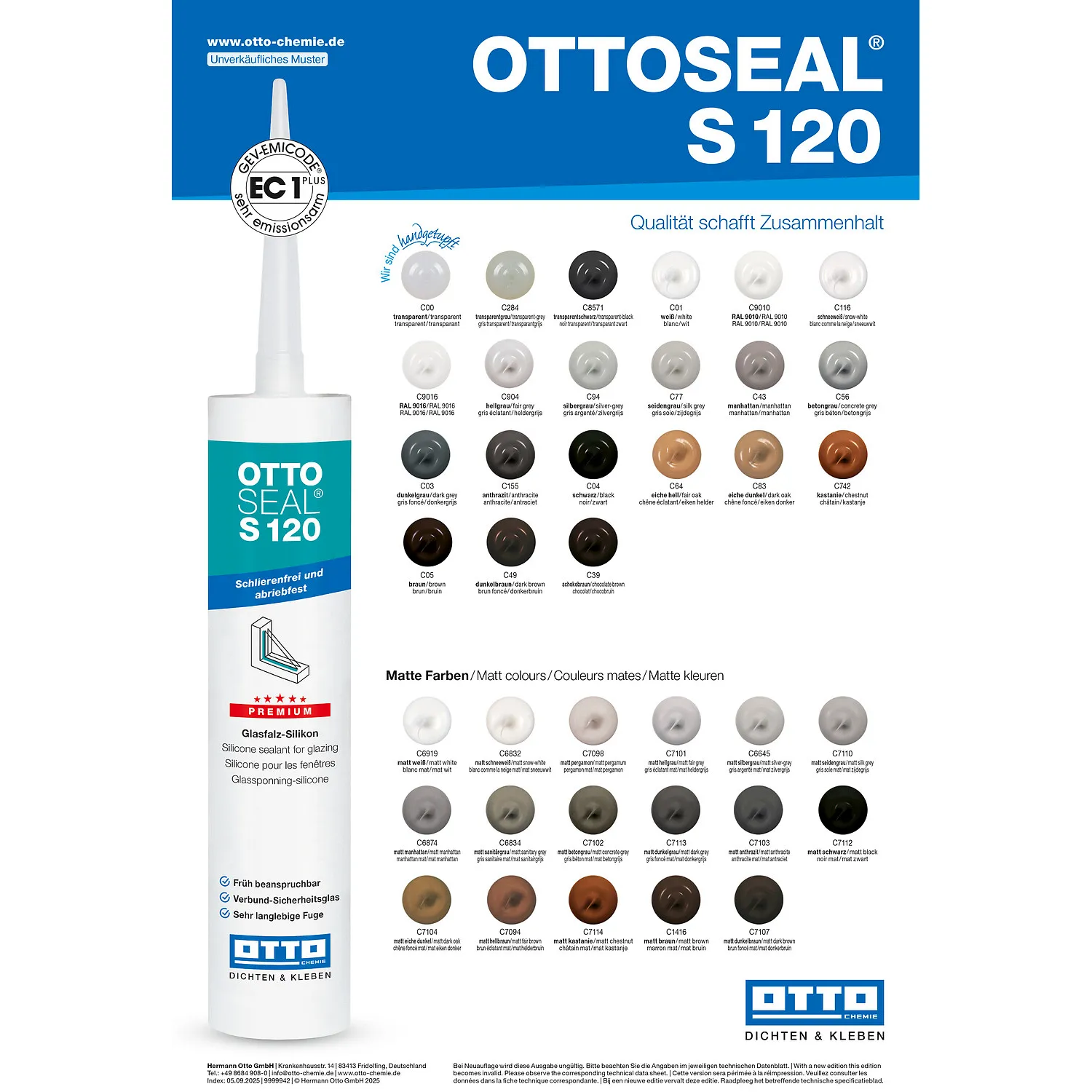 Ottoseal S120 Fenstersilikon Farbtafel mit allen verfügbaren Farbtönen für Fensterfugen