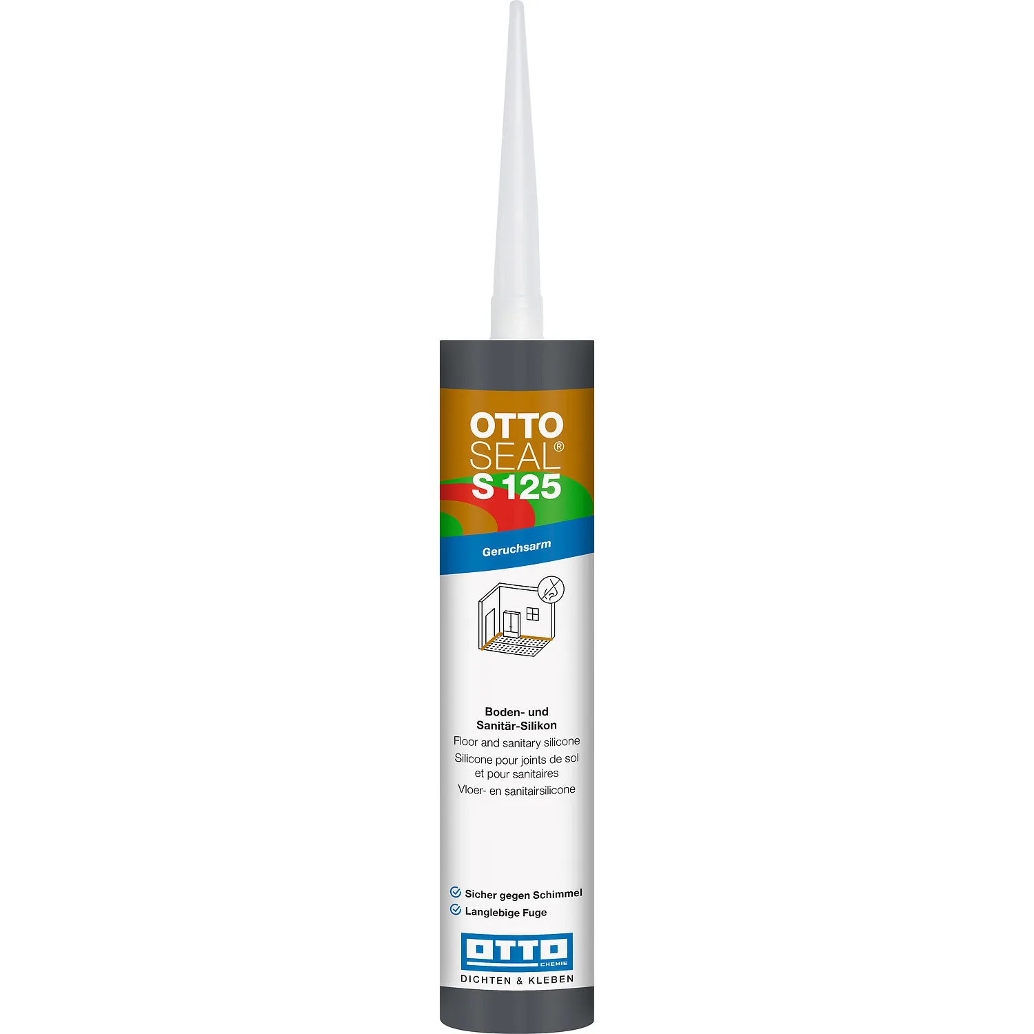 Ottoseal S125 Boden- und Sanitärsilikon Kartusche mit Düse 310ml, einsatzbereit für Fugenabdichtung