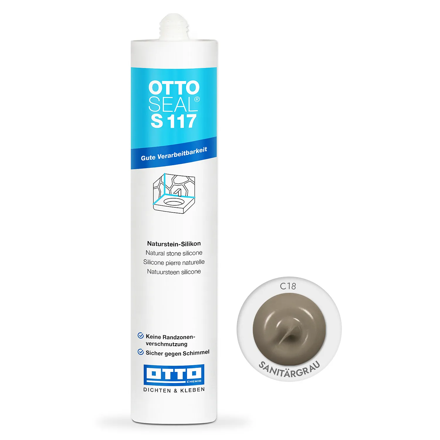 Ottoseal S117 Natursteinsilikon sanitärgrau, Kartusche 310ml, Silikondichtstoff für Naturstein und Marmor
