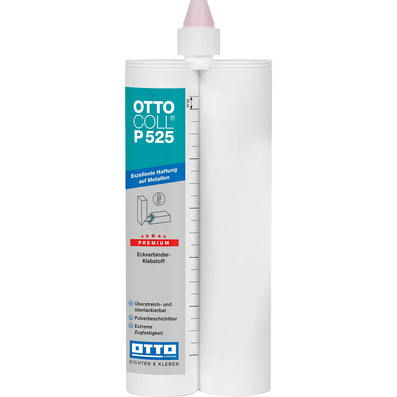 Ottocoll P525 Turbo PU Klebstoff RAL 7012 Doppelkartusche, schnellhärtender 2K Polyurethankleber