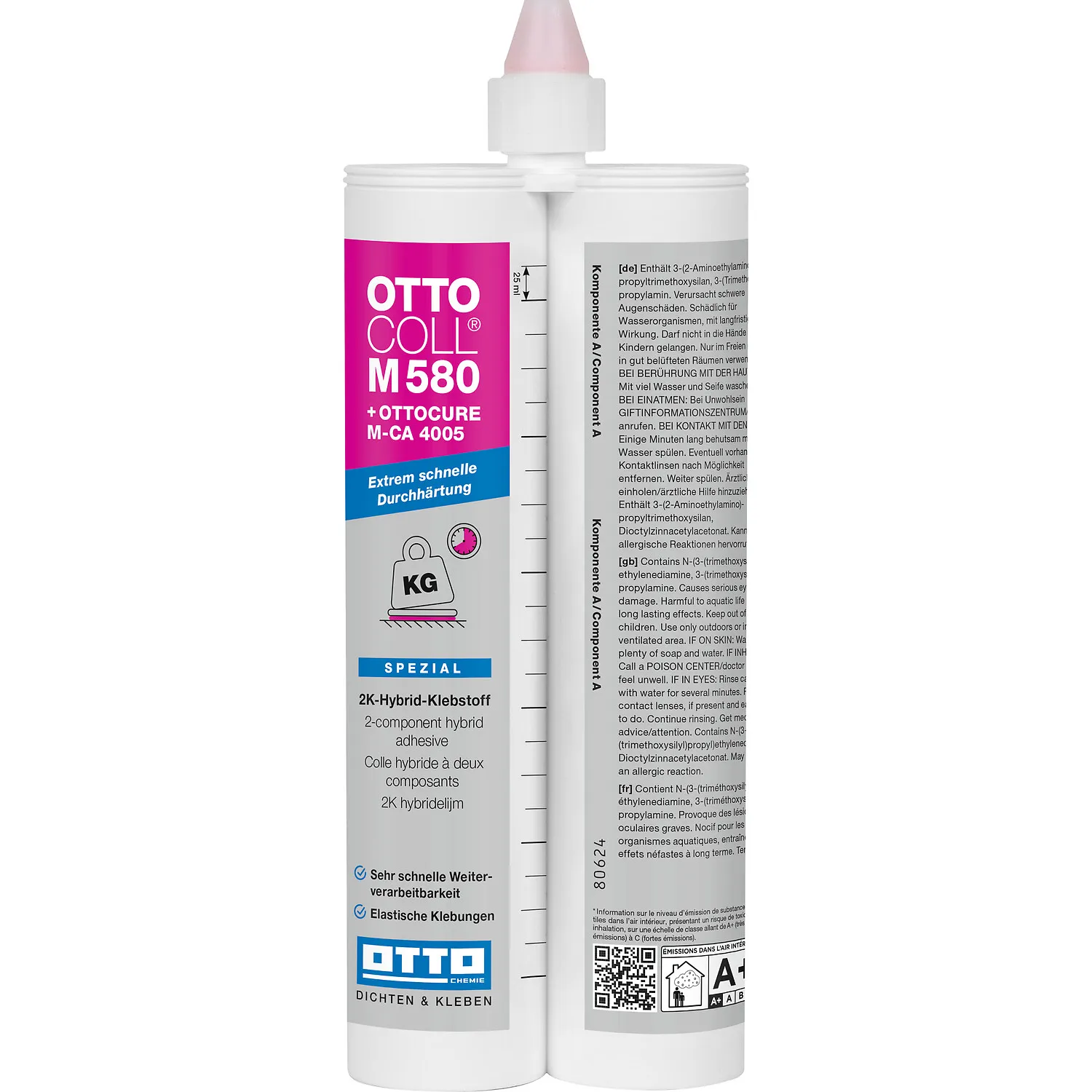 Ottocoll M580 2K Hybrid Klebstoff hellgrau, schnellhärtender Zweikomponenten-Montagekleber in Doppelkartusche
