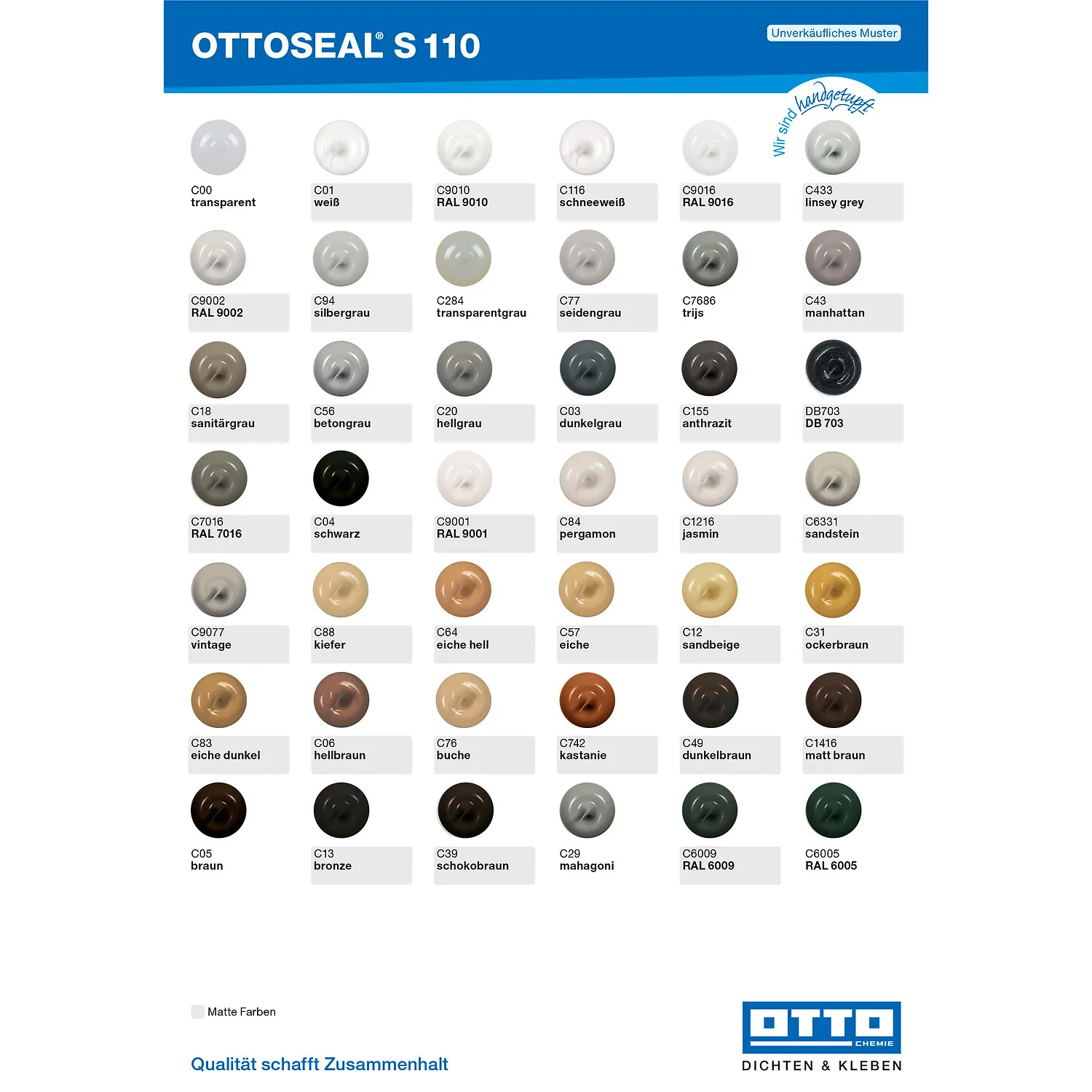 Ottoseal S110 Bausilikon Farbtafel mit allen verfügbaren RAL- und Sonderfarbtönen für Bauanschlussfugen