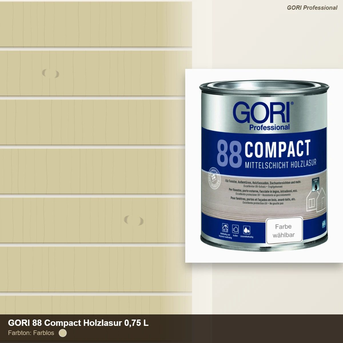 GORI 88 Compact Holzlasur Farblos 0,75L, aufgetragen auf Holz zur Veranschaulichung der Wirkung