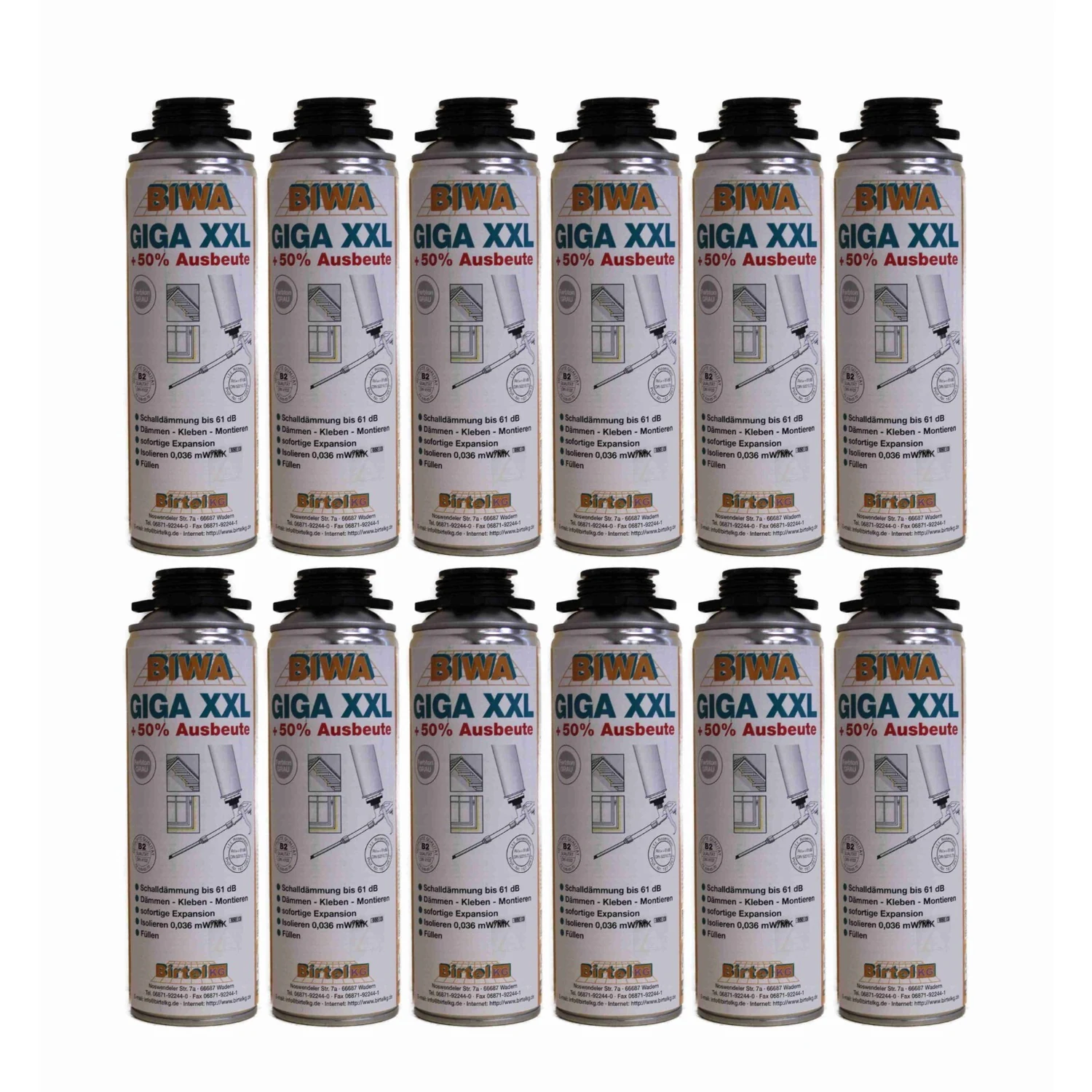 BIWA GIGA XXL Pistolenschaum B2 grau, Gebinde 12 × 500 ml