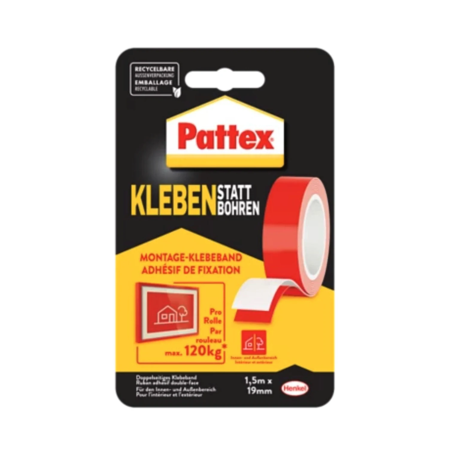 Pattex Montage-Klebeband ohne Bohren 19 mm x 1,5 m