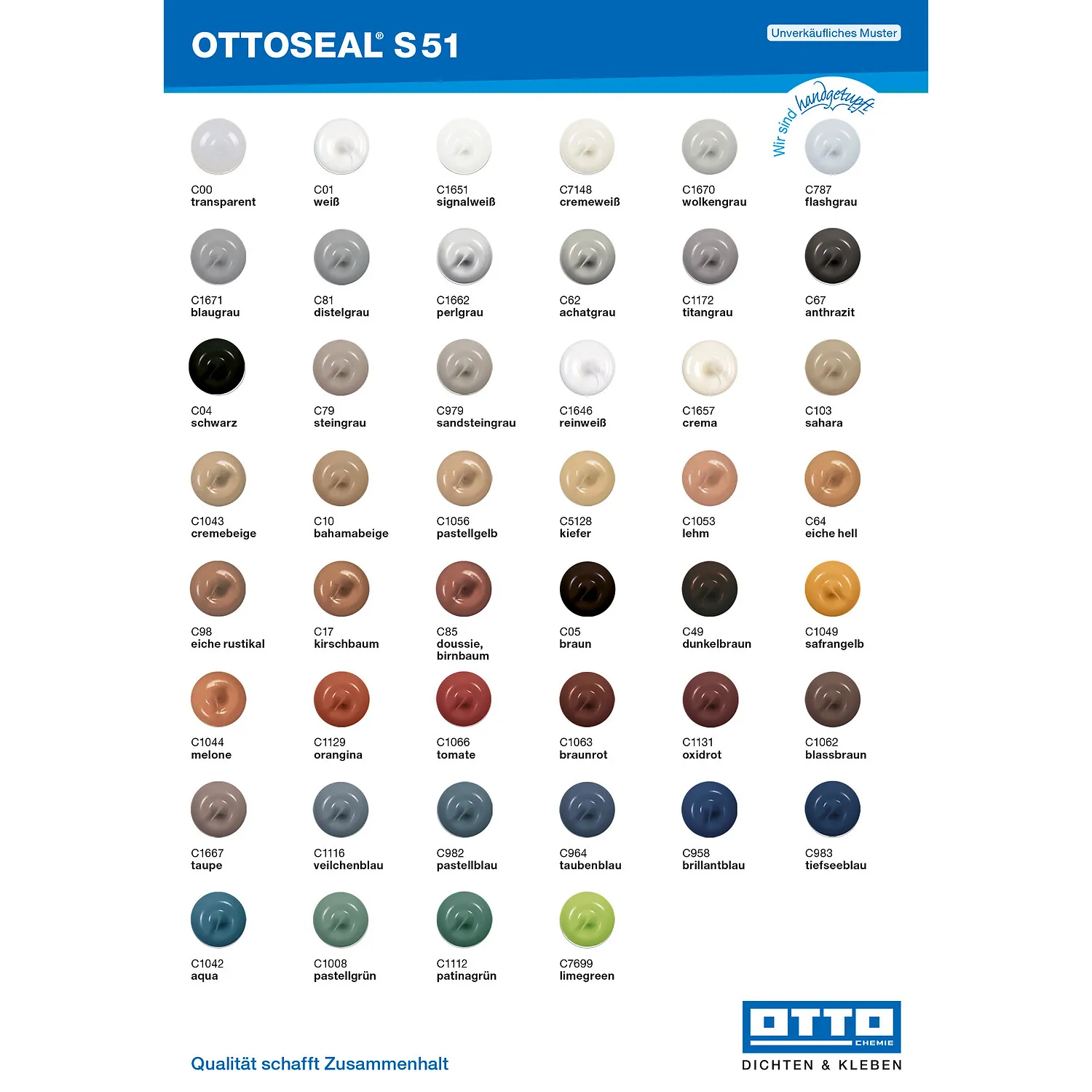 Ottoseal S51 Kunststoffboden Silikon Farbtafel mit allen verfügbaren Farbtönen für Bodenfugen