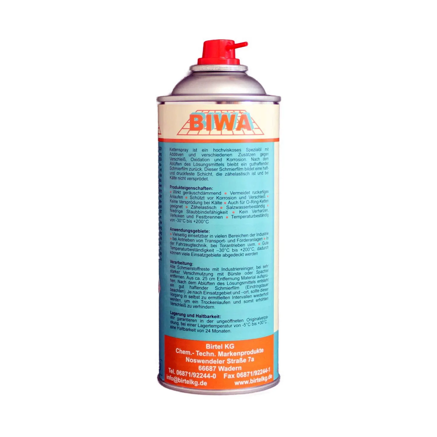 Kettenspray 400ml Schmiermittel Birtel KG, Rückansicht mit Produktinformationen zu Sprühfett und Gleitspray