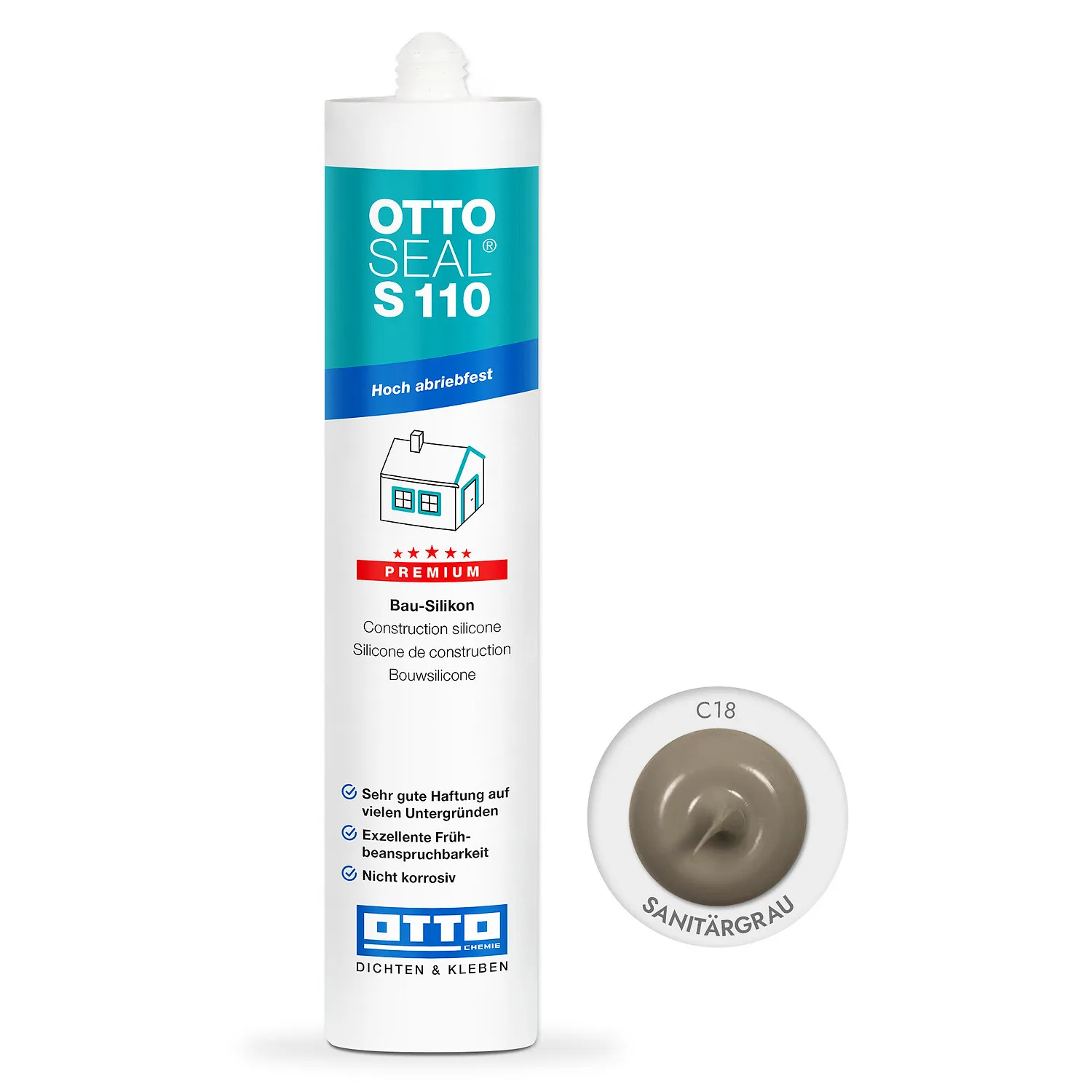 Ottoseal S110 Bausilikon sanitärgrau, Kartusche 310ml, elastischer Silikondichtstoff für Bauanschlussfugen