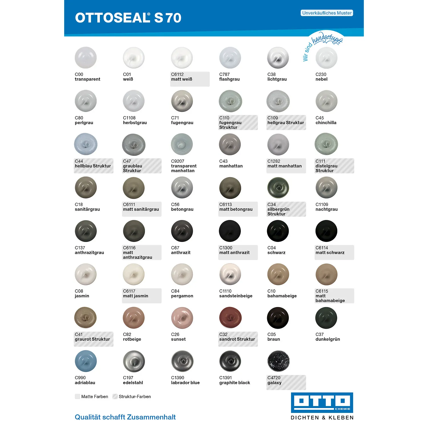 Ottoseal S70 Naturstein Silikon Verarbeiter-Farbtafel, Farbübersicht für Natursteinfugen-Dichtstoff