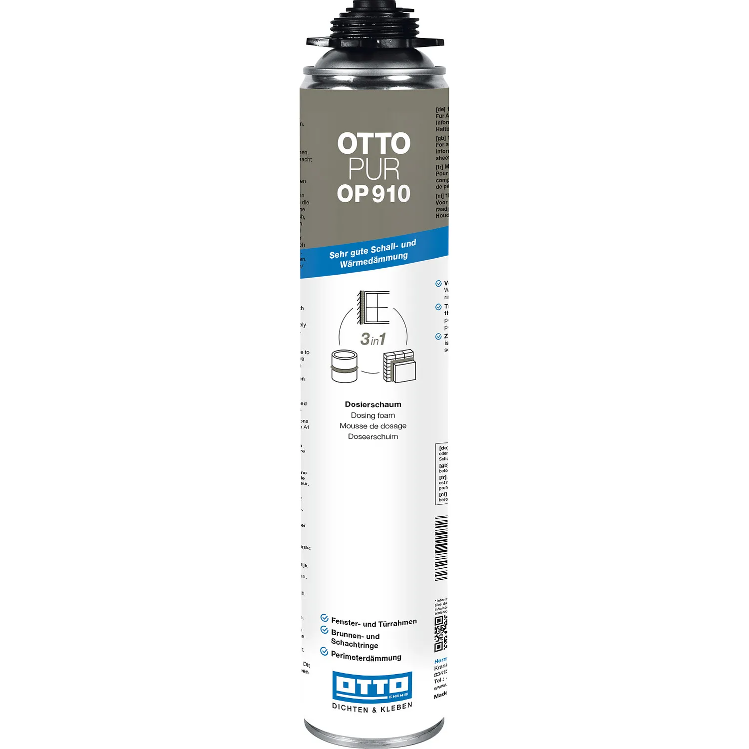 Ottopur OP 910 Pistolenschaum 750ml, PU-Montageschaum für Pistolenanwendung am Bau