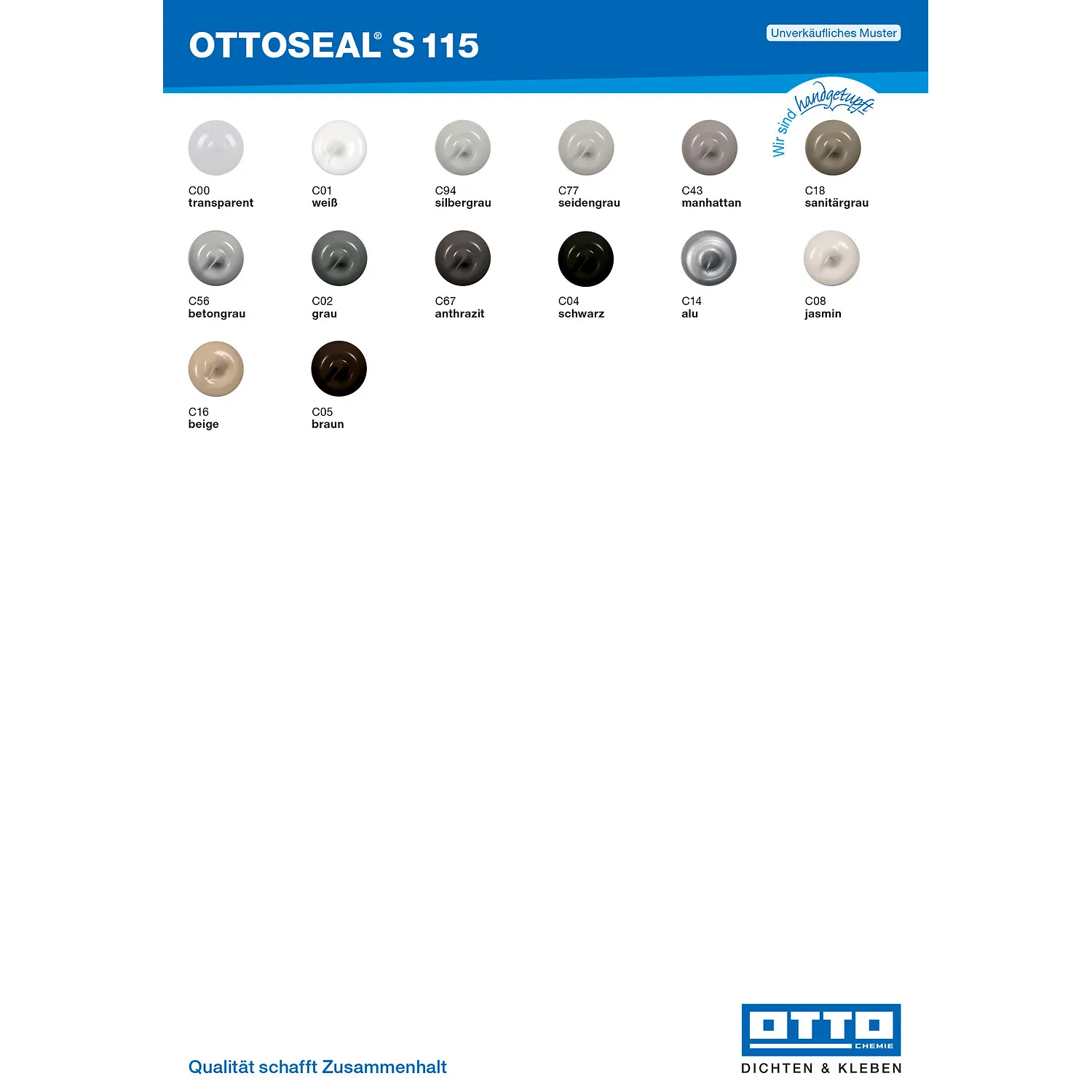 Ottoseal S115 Bausilikon Farbtafel mit allen verfügbaren Farbtönen für Bau- und Anschlussfugen