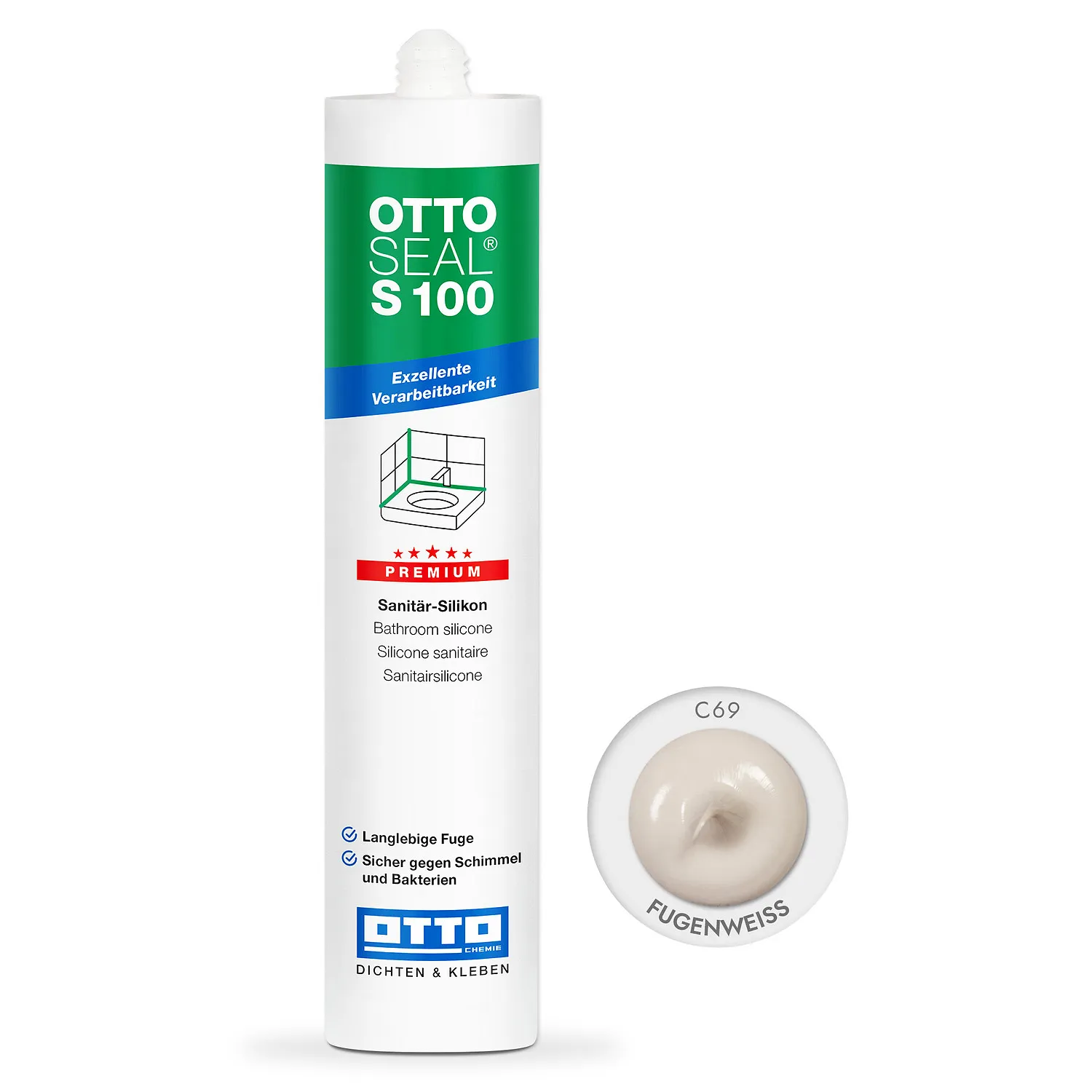 Ottoseal S100 Premium Sanitärsilikon fugenweiß 310ml, elastische Fuge für Bad und Sanitärbereich