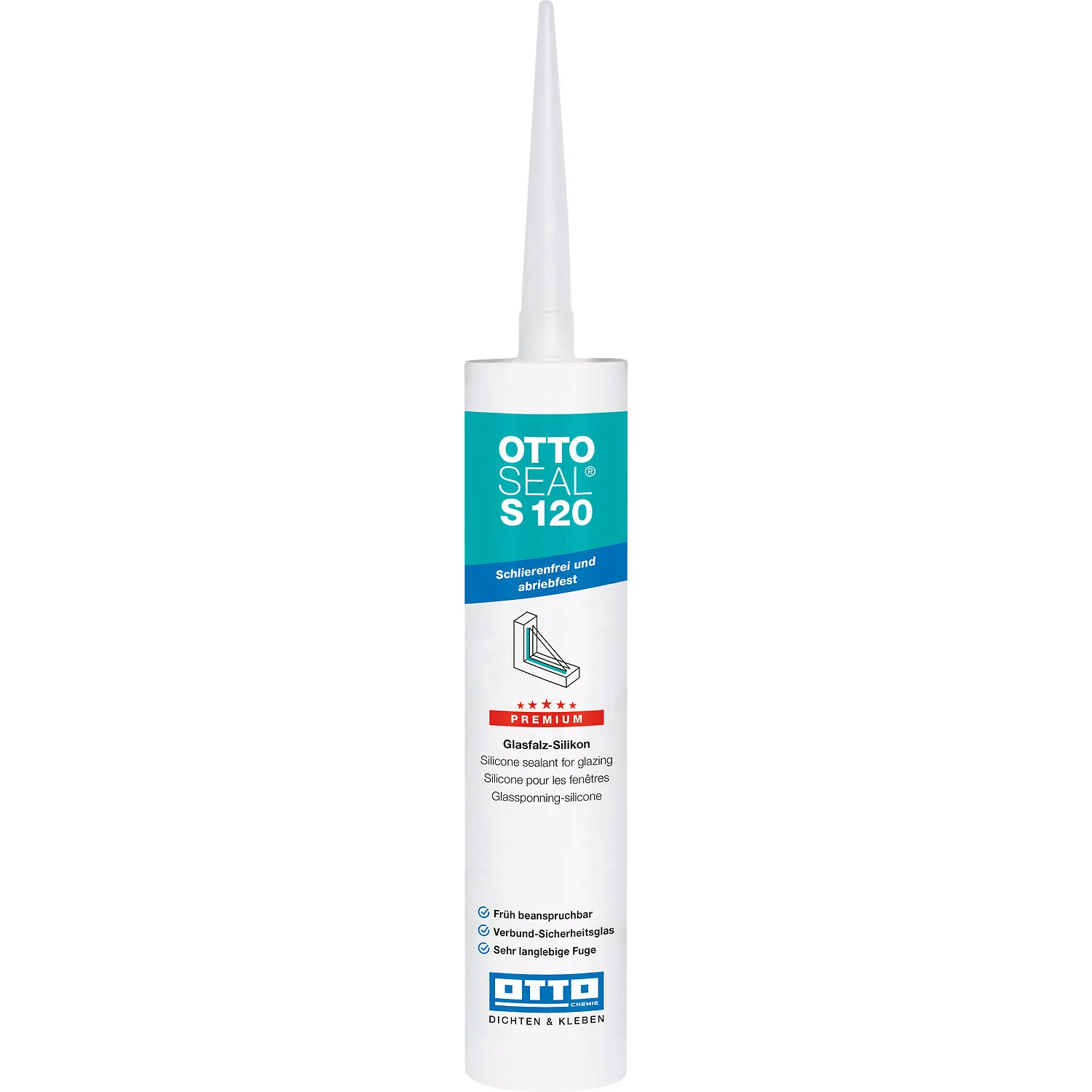 Ottoseal S120 Fenstersilikon Kartusche mit aufgesetzter Düse, einsatzbereit für Fensterfugen