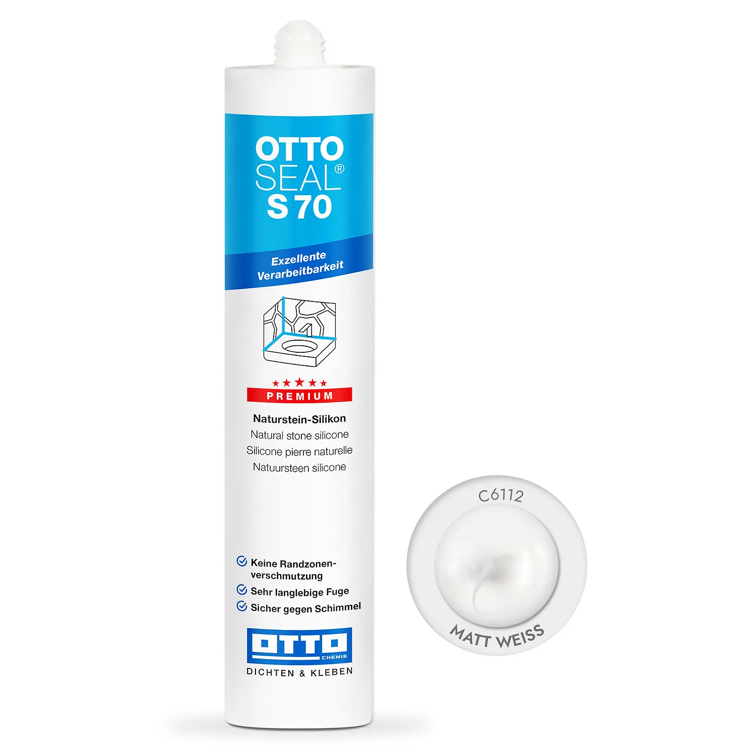 Ottoseal S70 Naturstein Silikon matt weiß 310ml, mattfarbener Fugendichtstoff für Naturstein und Fliesen