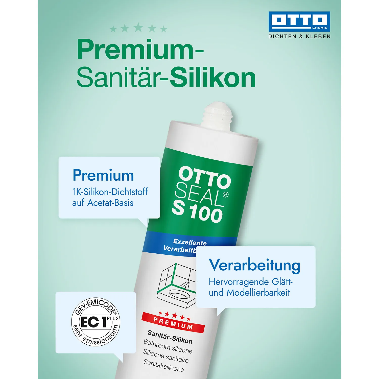 Ottoseal S100 Premium Sanitärsilikon achatgrau 300ml, elastische Fuge für Bad und Sanitärbereich